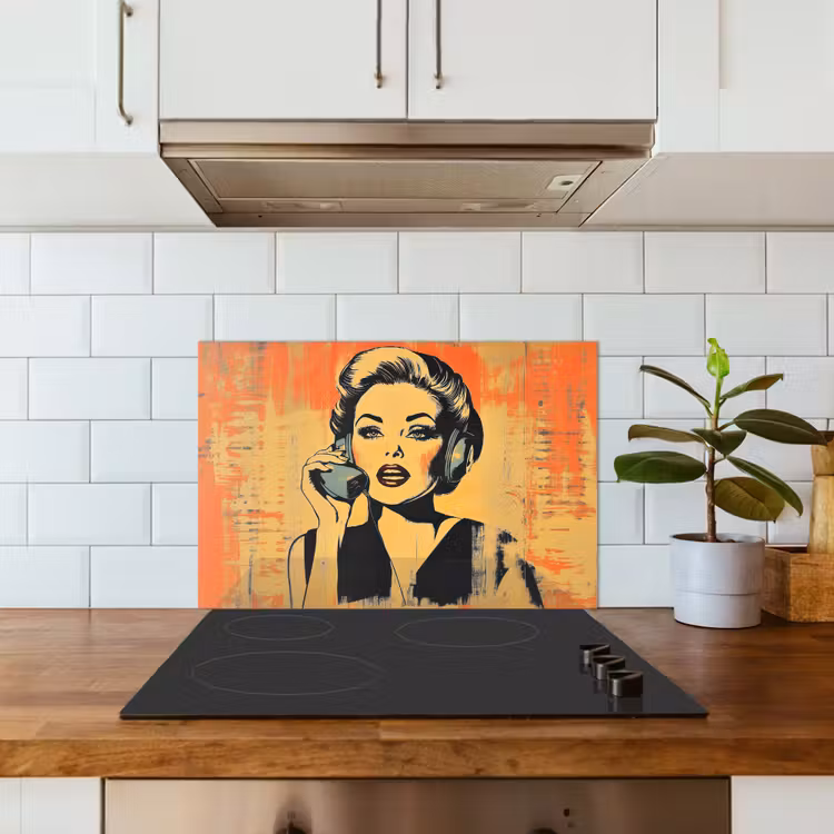 Kitchen splashback for hob - Retro - Woman - Headphones - Orange — 3