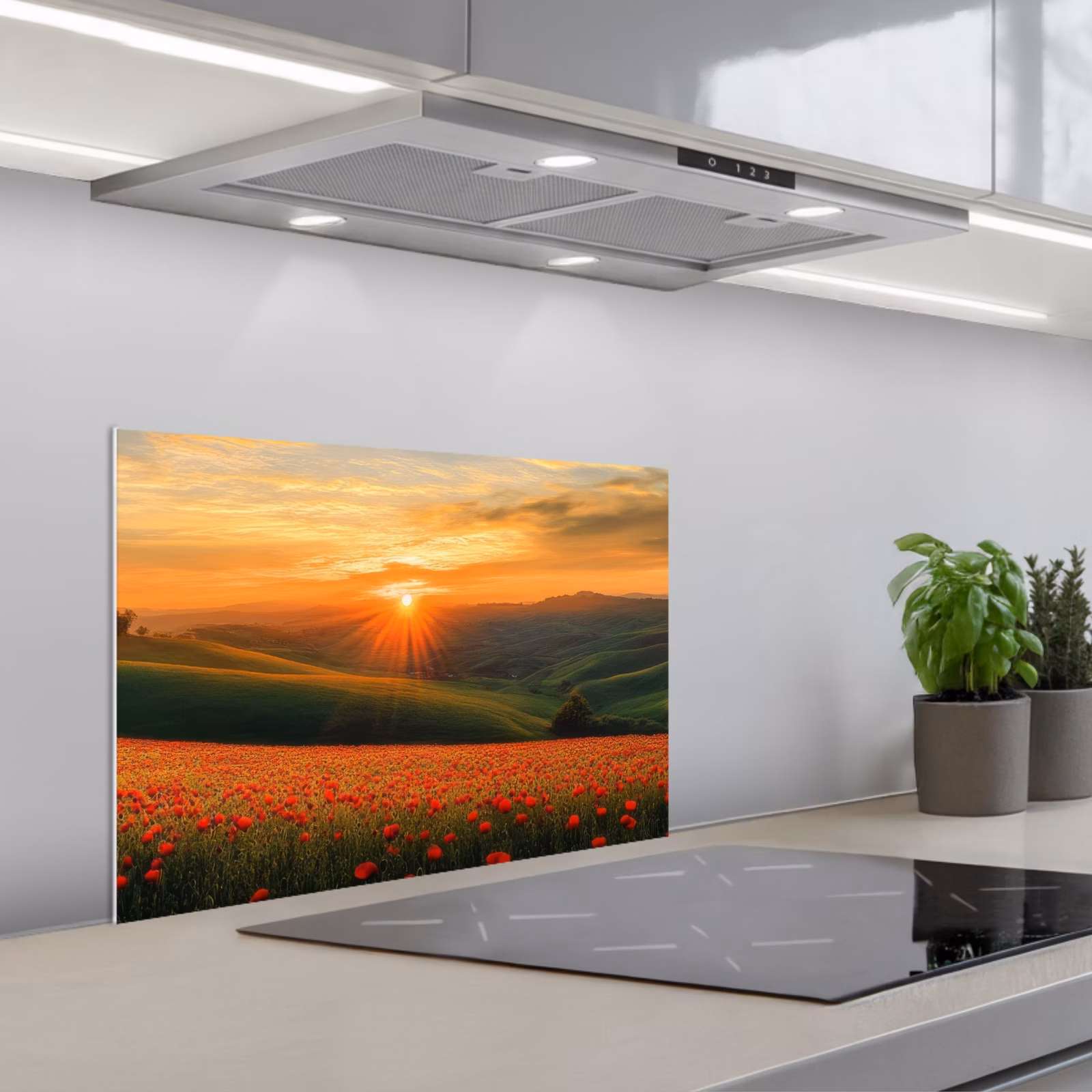 Kitchen splashback for hob - Poppies - Flowers - Hills - Sunset — 1