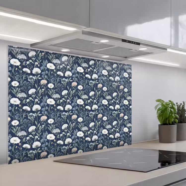 Kitchen splashback for hob - Pattern - Flowers - White - Blue — 1