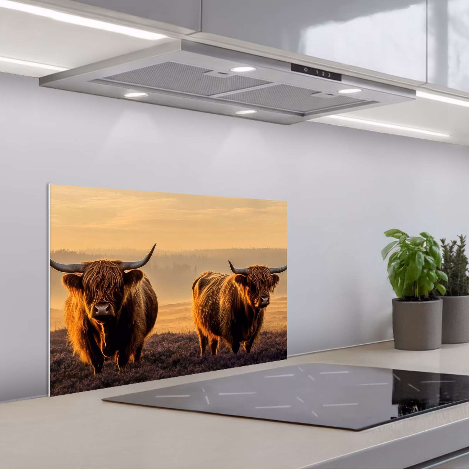 Kitchen splashback for hob - Scottish highlanders - Heath - Landscape - Animals — 1