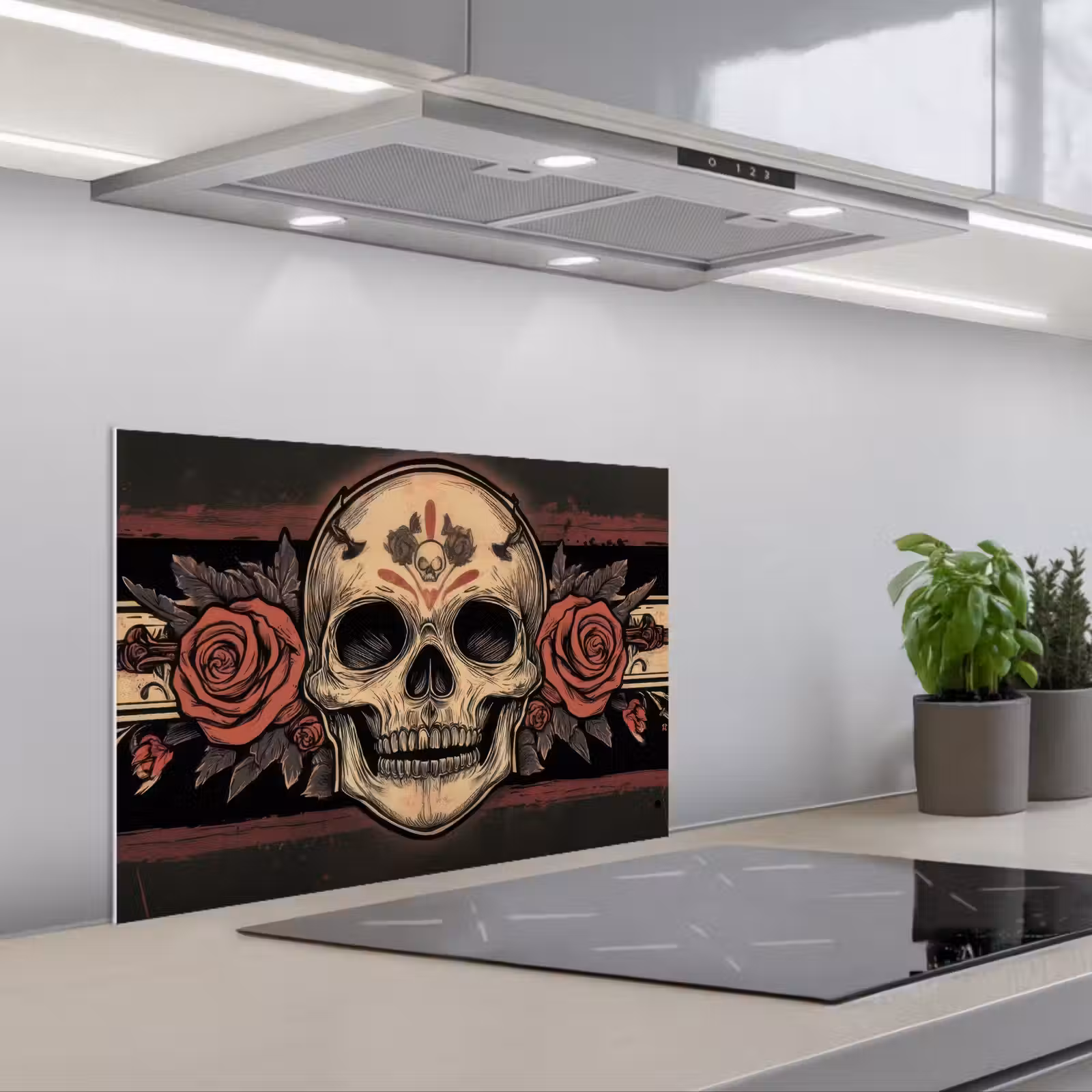 Kitchen splashback for hob - Skull - Roses - Gothic — 1