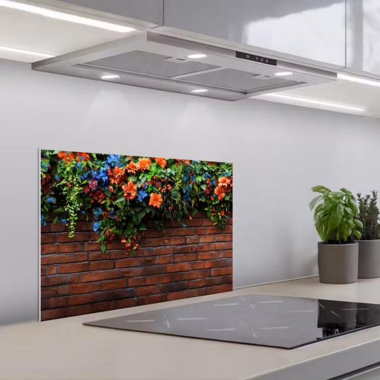Kitchen splashback for hob - Flowers - Wall - Green - Orange — 1