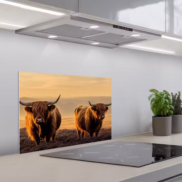 Kitchen splashback for hob - Scottish highlanders - Heath - Landscape - Animals — 1