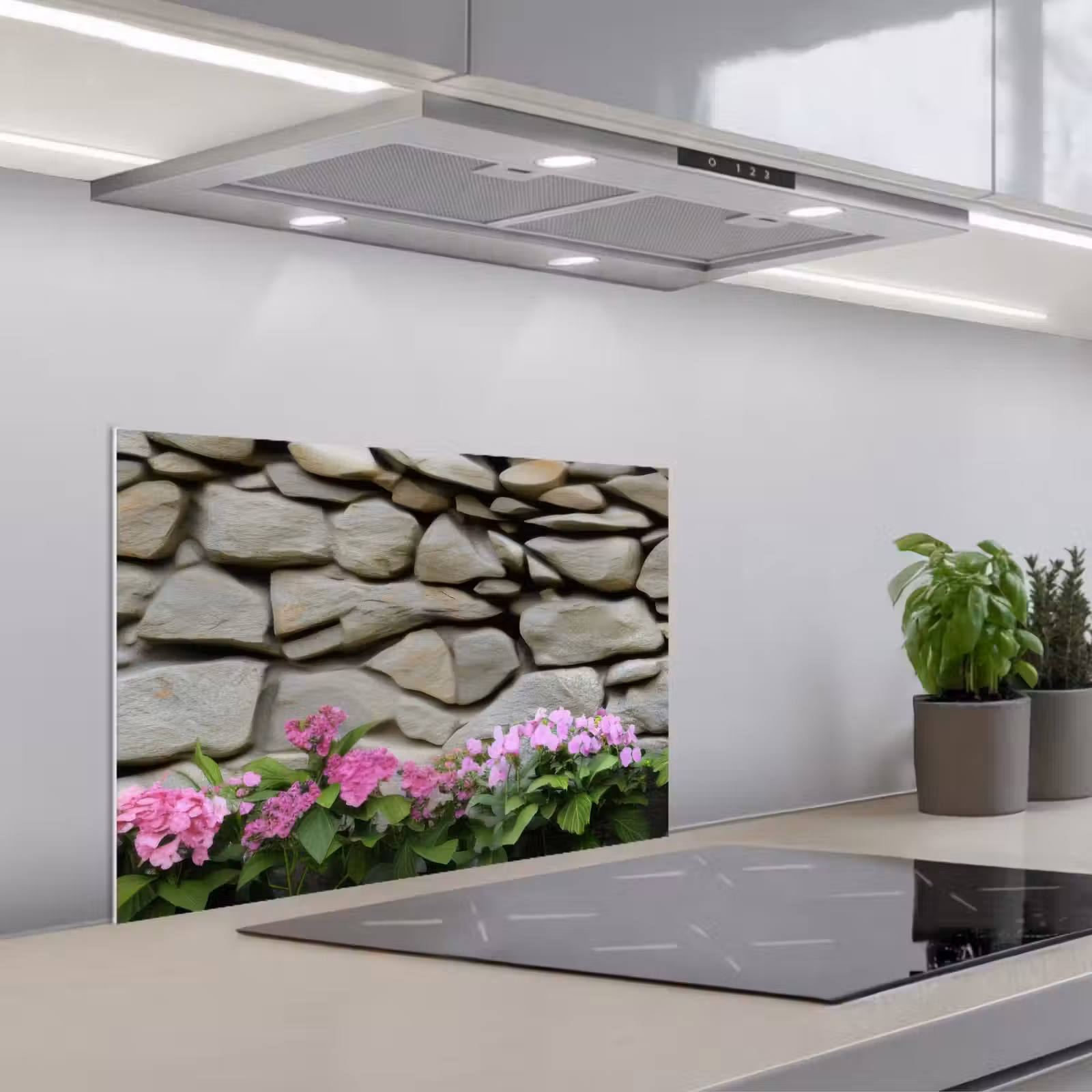 Kitchen splashback for hob - Hydrangeas - Stones - Wall - Flowers — 1