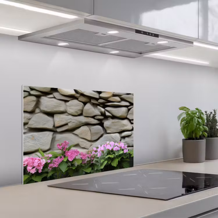 Kitchen splashback for hob - Hydrangeas - Stones - Wall - Flowers — 1