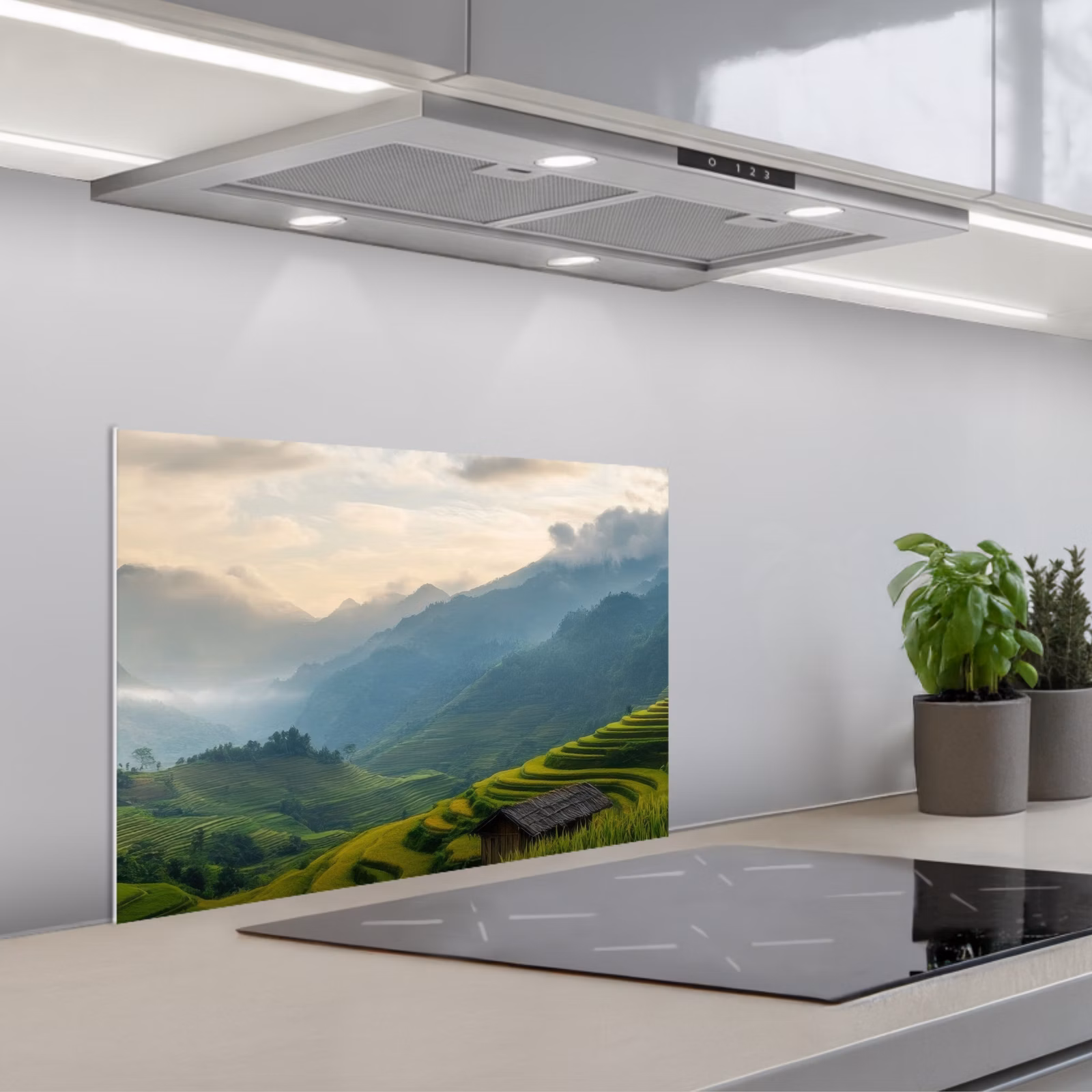 Kitchen splashback for hob - Rice fields - Mountains - Green - Nature — 1