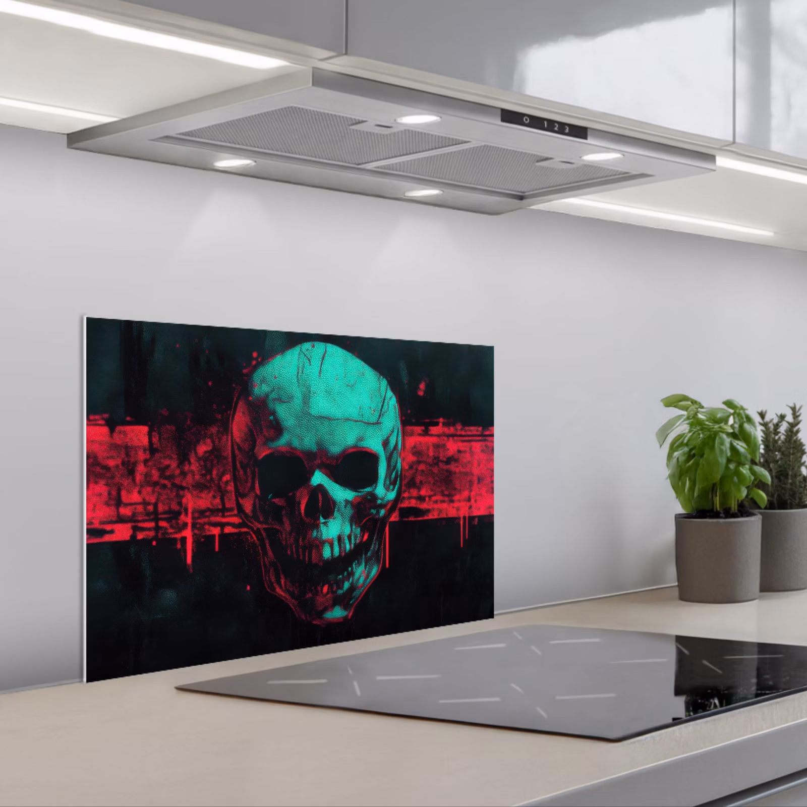 Kitchen splashback for hob - Skull - Cyberpunk - Neon Red — 1