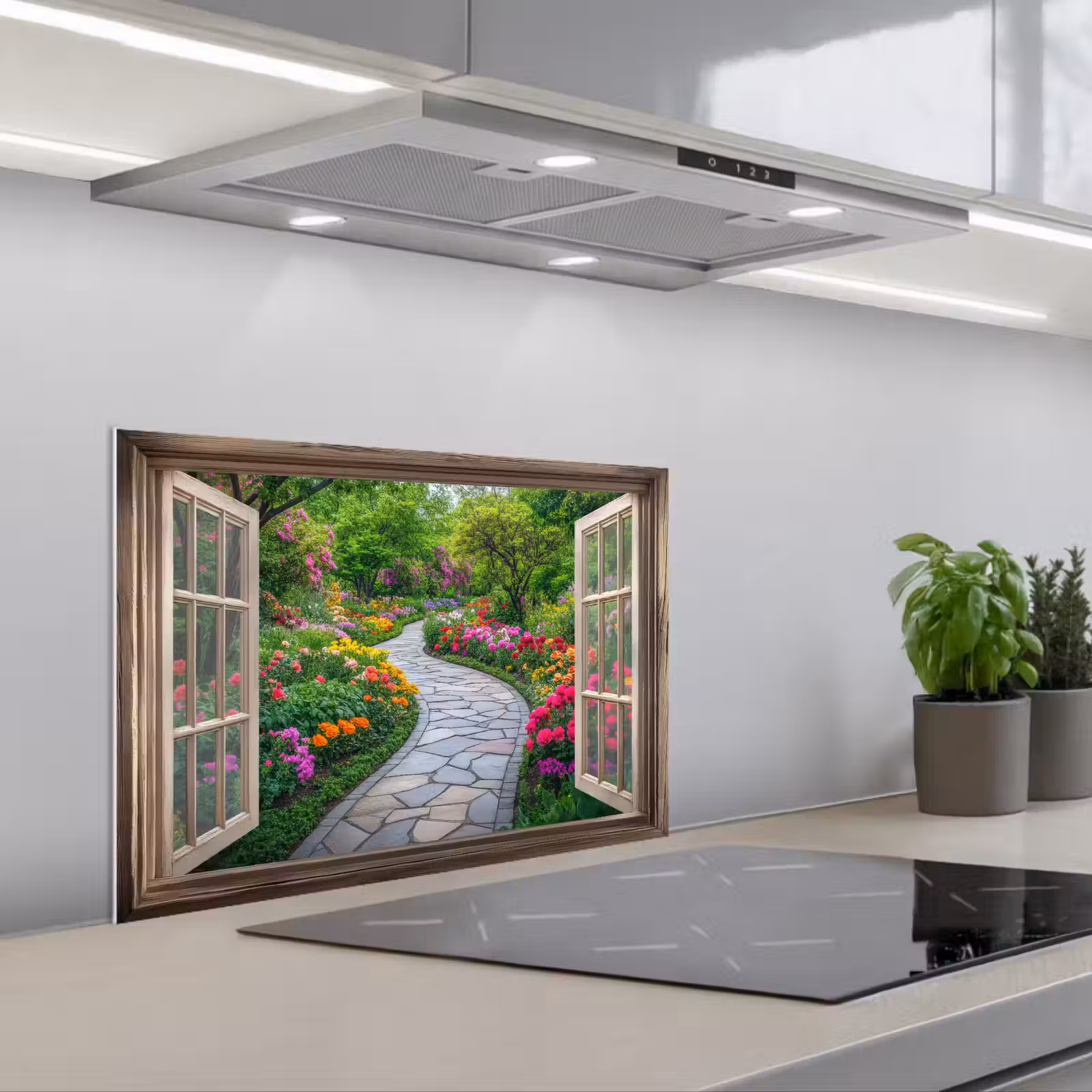 Kitchen splashback for hob - See-through - Flowers - Garden path - Nature - Window — 1