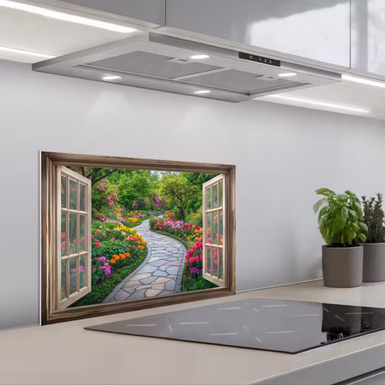 Kitchen splashback for hob - See-through - Flowers - Garden path - Nature - Window — 1