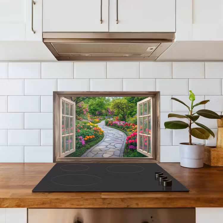 Kitchen splashback for hob - See-through - Flowers - Garden path - Nature - Window — 3