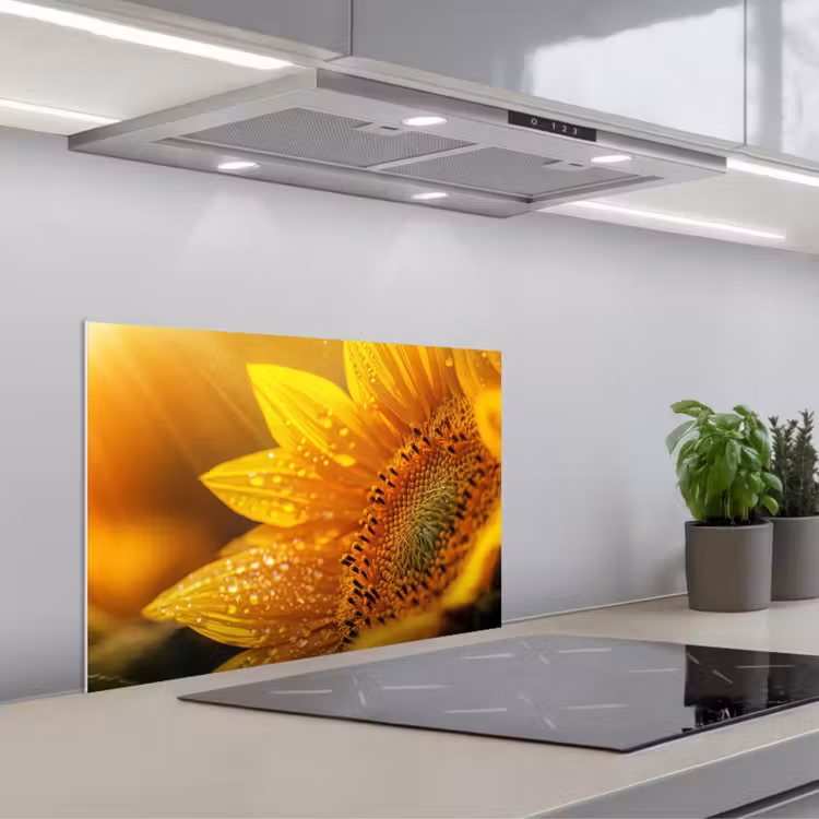 Kitchen splashback for hob - Sunflower - Dewdrops - Yellow - Sunlight — 1