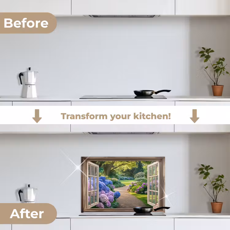 Kitchen splashback for hob - View - Garden - Window - Hydrangea - Flowers — 7