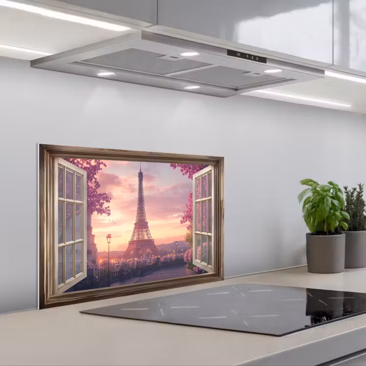 Kitchen splashback for hob - See-through - Paris - Eiffel Tower - Pink - Cherry Blossom — 1