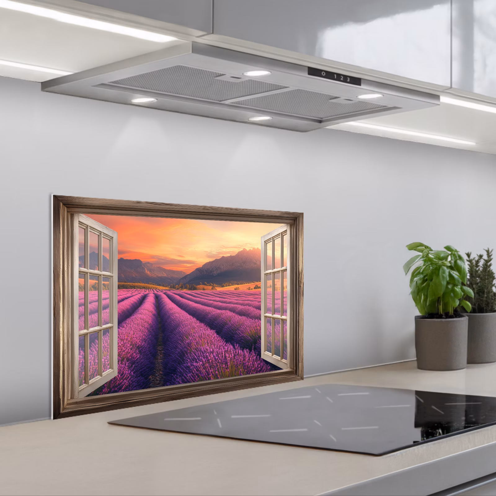 Kitchen splashback for hob - See-through - Lavender - Landscape - Flowers - Purple — 1