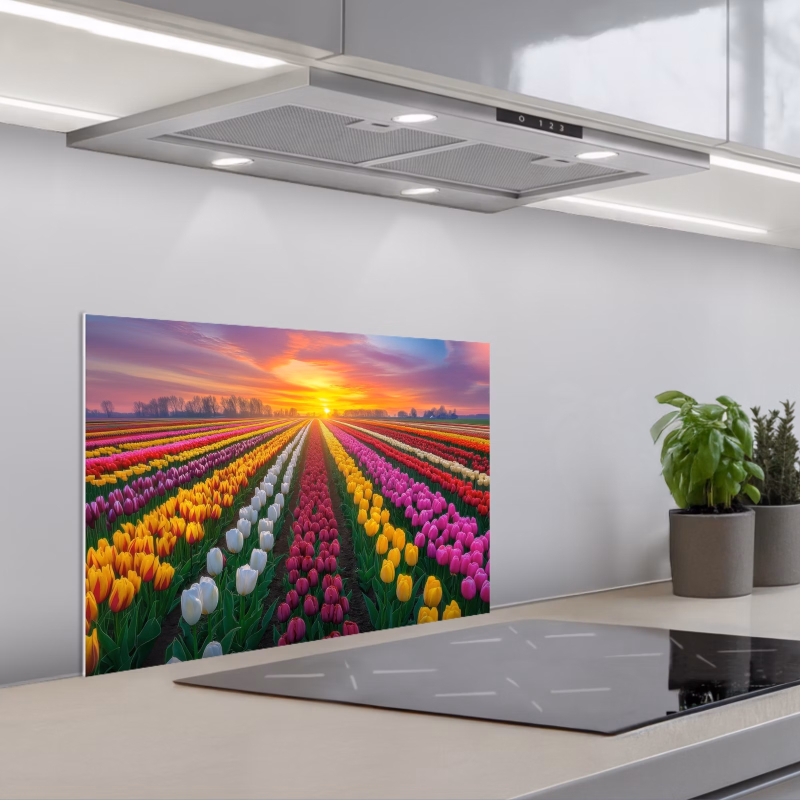 Kitchen splashback for hob - Tulip field - Sunset - Colorful — 1