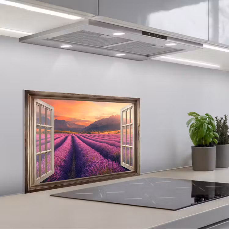 Kitchen splashback for hob - See-through - Lavender - Landscape - Flowers - Purple — 1