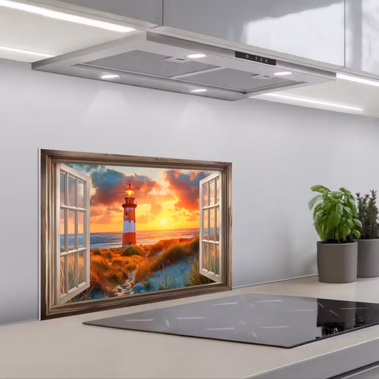Kitchen splashback for hob - View - Window - Lighthouse - Sunset - Beach — 1
