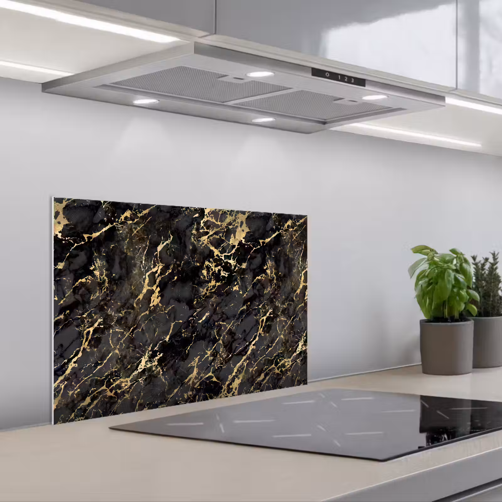 Kitchen splashback for hob - Marble - Black - Gold Texture — 1