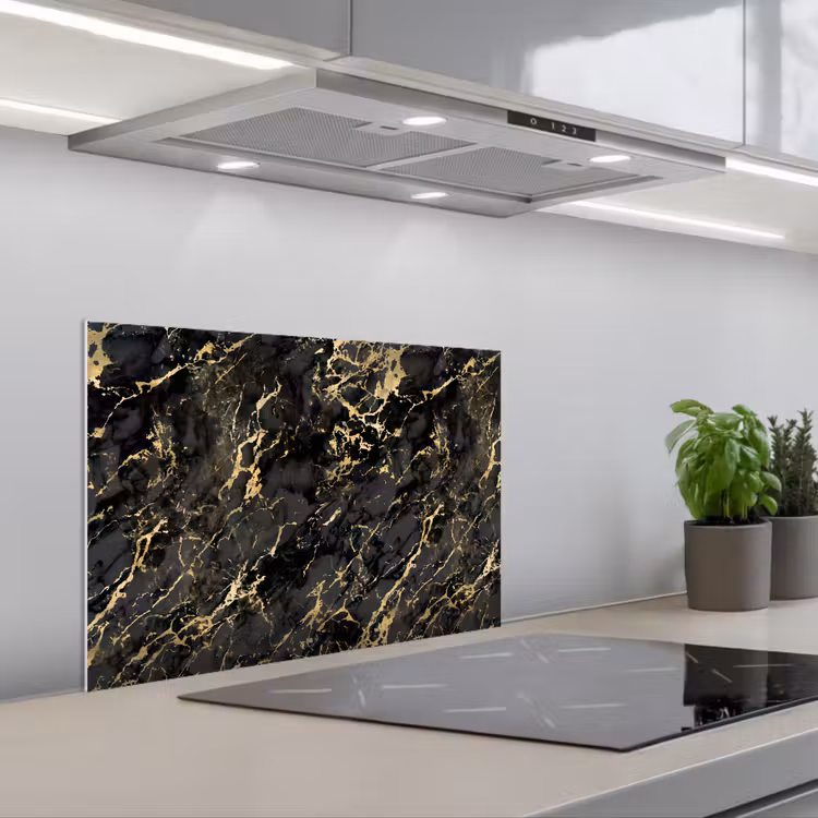 Kitchen splashback for hob - Marble - Black - Gold Texture — 1