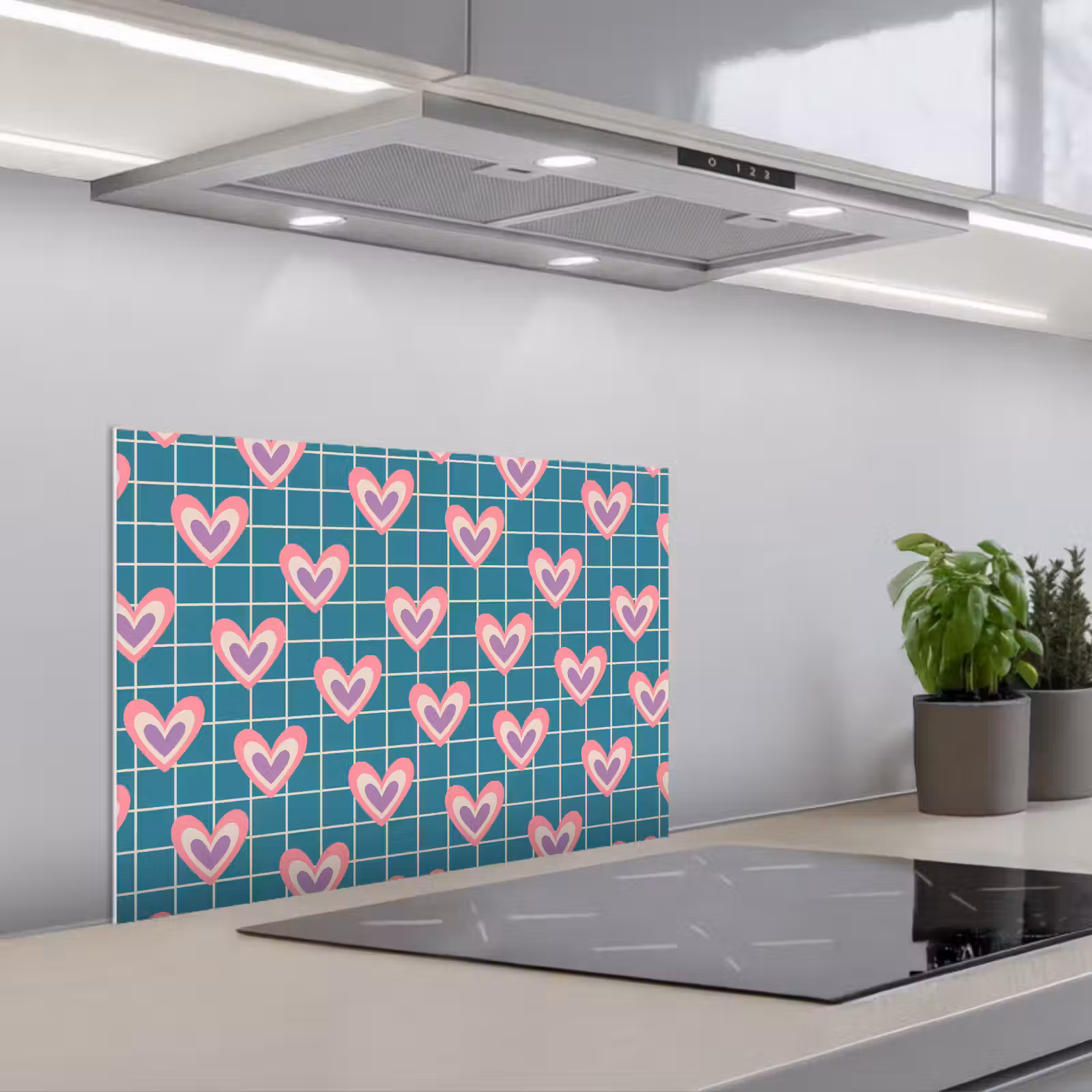 Kitchen splashback for hob - Hearts - Grid - Pattern - Blue — 1