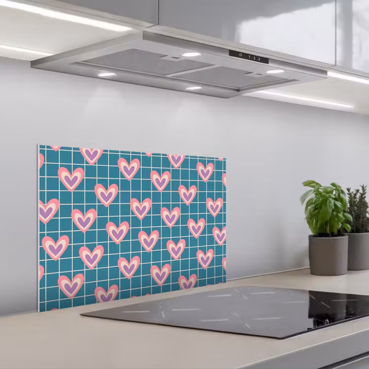 Kitchen splashback for hob - Hearts - Grid - Pattern - Blue — 1