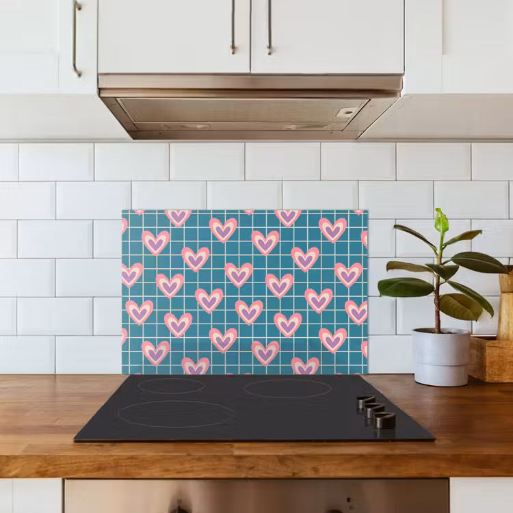 Kitchen splashback for hob - Hearts - Grid - Pattern - Blue — 3