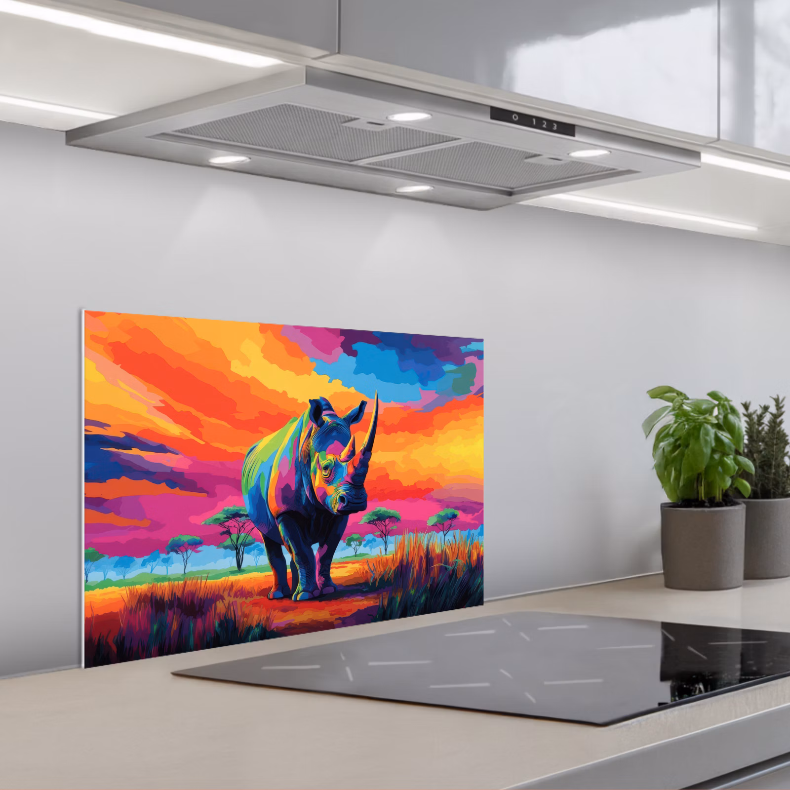 Kitchen splashback for hob - Rhinoceros - Sunset - Savanna - Colorful — 1