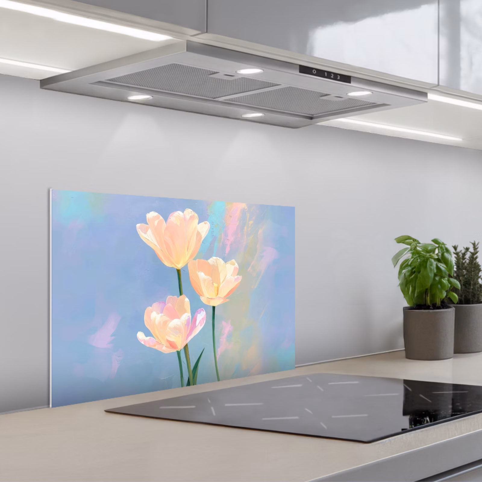 Kitchen splashback for hob - Tulips - Pink accents - Blue — 1