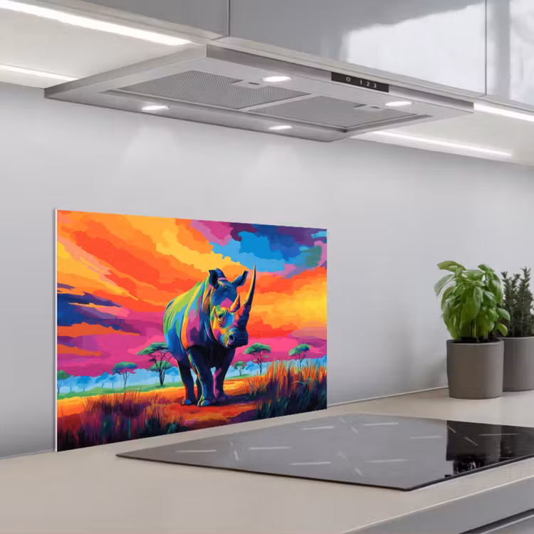 Kitchen splashback for hob - Rhinoceros - Sunset - Savanna - Colorful — 1