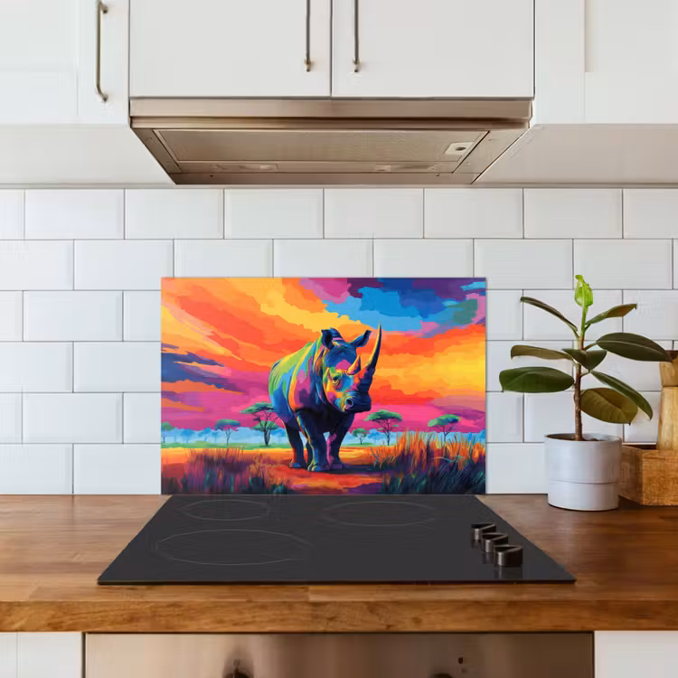 Kitchen splashback for hob - Rhinoceros - Sunset - Savanna - Colorful — 3