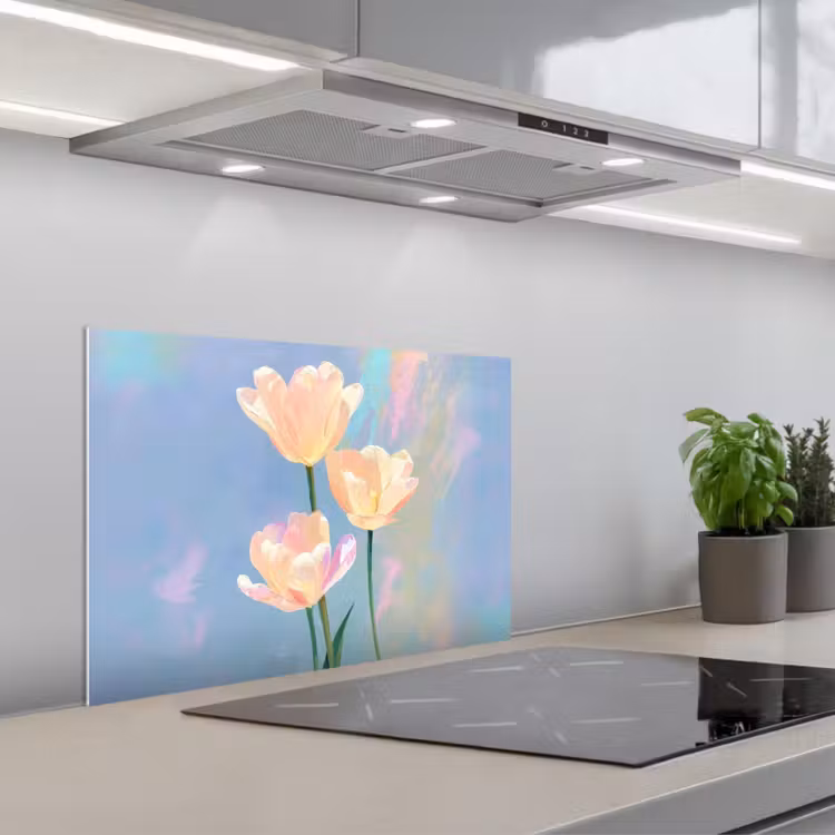 Kitchen splashback for hob - Tulips - Pink accents - Blue — 1