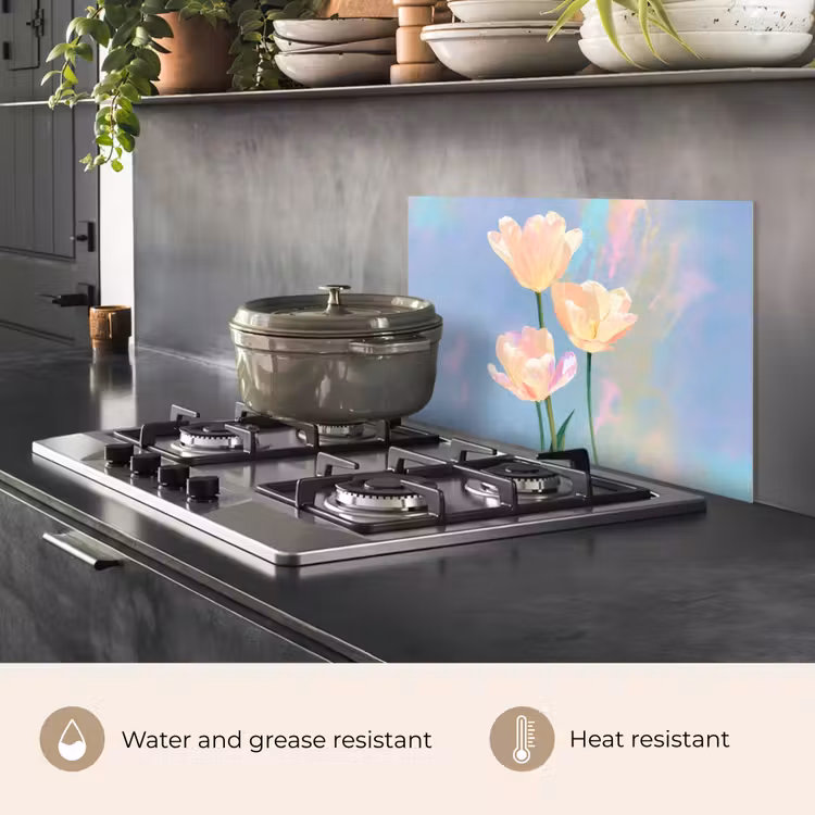 Kitchen splashback for hob - Tulips - Pink accents - Blue — 2