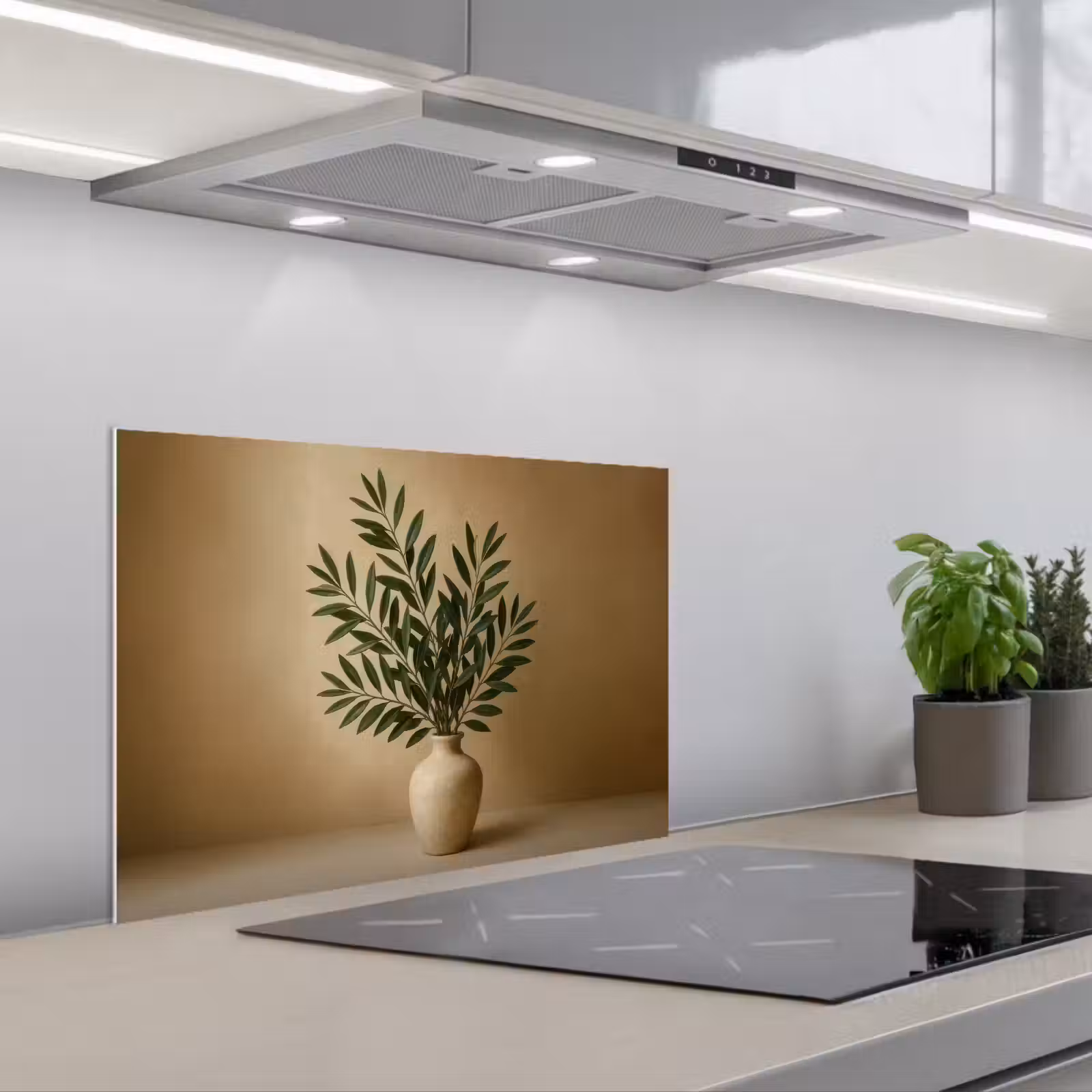Kitchen splashback for hob - Vase - Olive branches - Leaves - Beige — 1