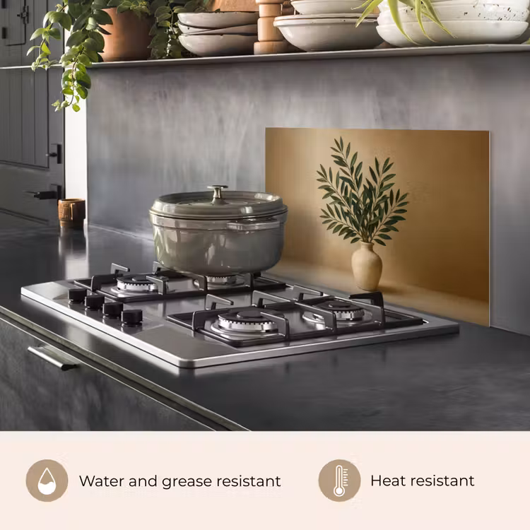 Kitchen splashback for hob - Vase - Olive branches - Leaves - Beige — 2