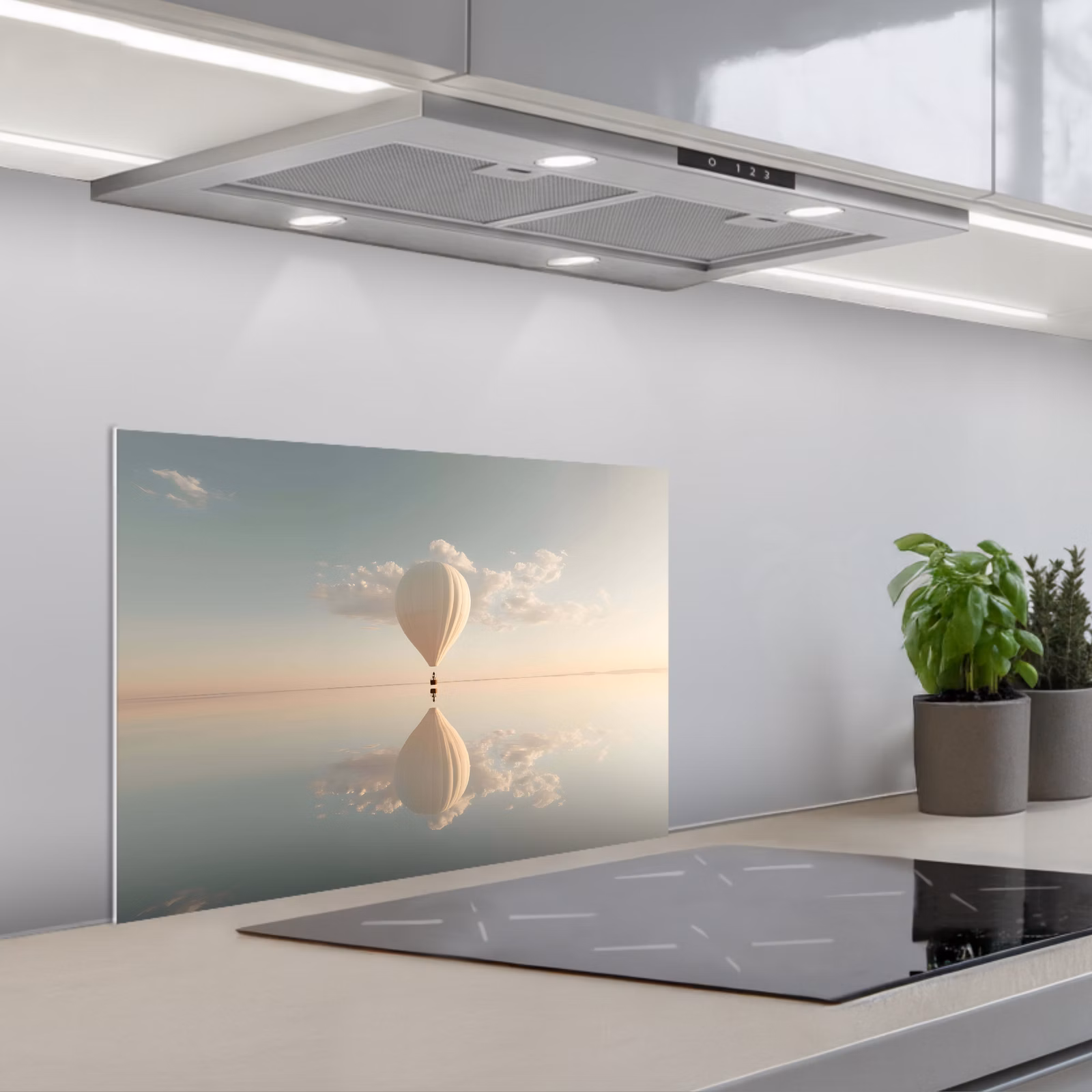 Kitchen splashback for hob - Hot air balloon - Clouds - Water - Blue — 1