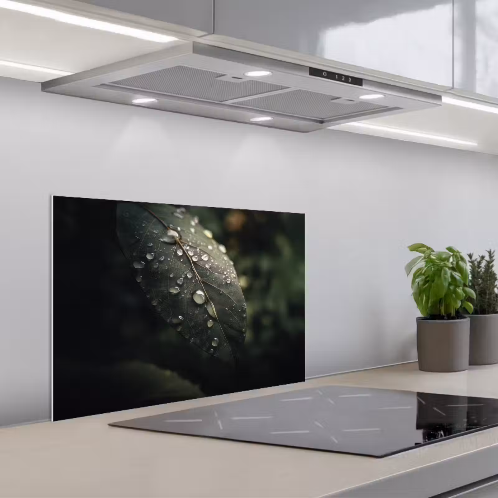 Kitchen splashback for hob - Leaf - Green - Veins - Raindrops — 1