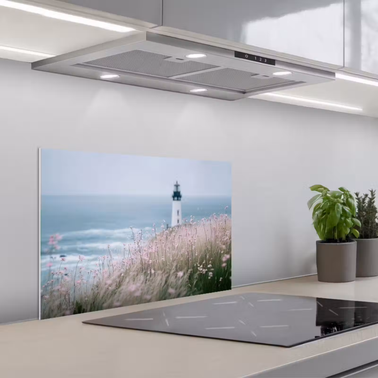 Kitchen splashback for hob - Lighthouse - Cliff - Sea - Flowers — 1