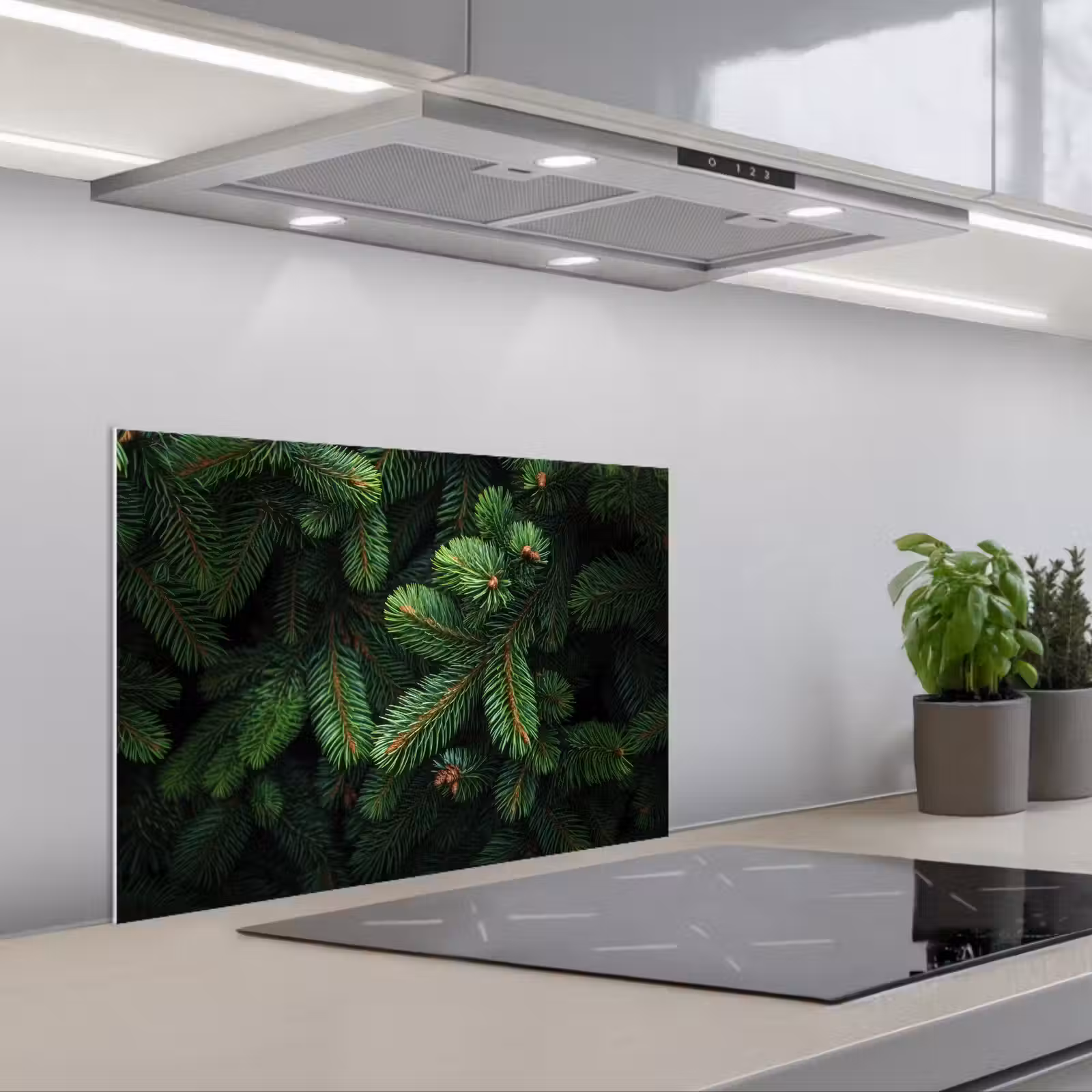 Kitchen splashback for hob - Spruce branches - Buds - Needles - Green — 1