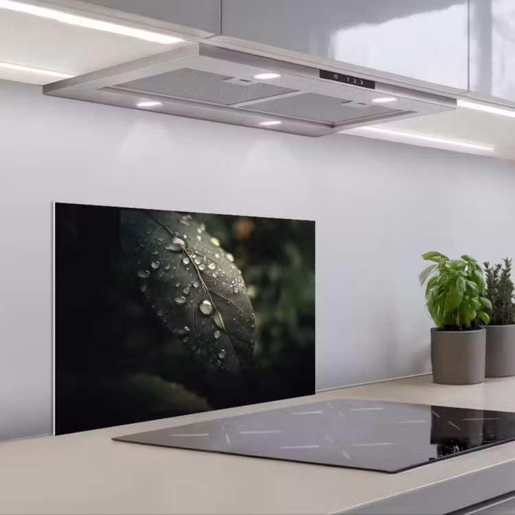 Kitchen splashback for hob - Leaf - Green - Veins - Raindrops — 1