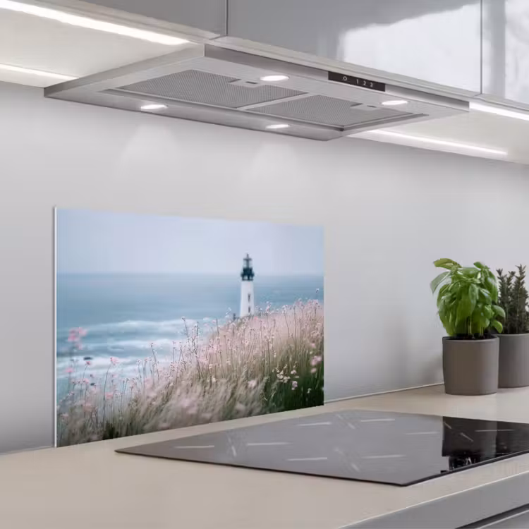 Kitchen splashback for hob - Lighthouse - Cliff - Sea - Flowers — 1
