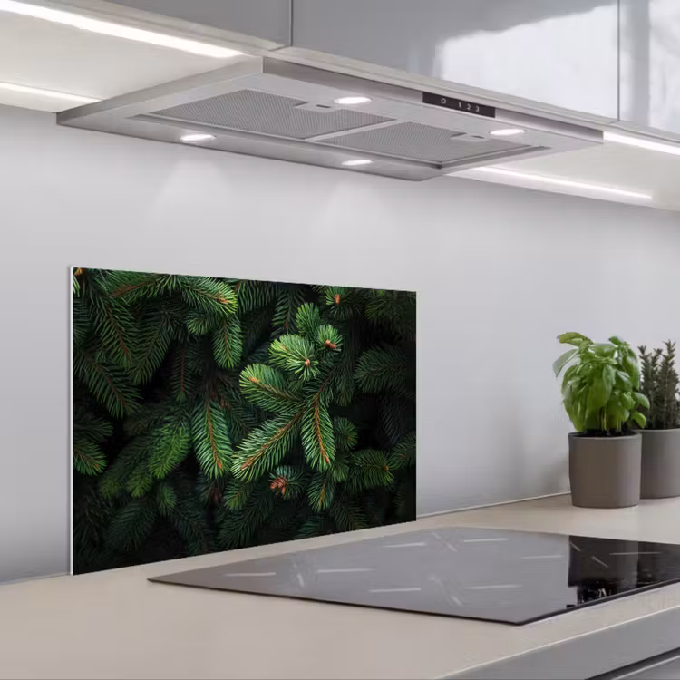 Kitchen splashback for hob - Spruce branches - Buds - Needles - Green — 1
