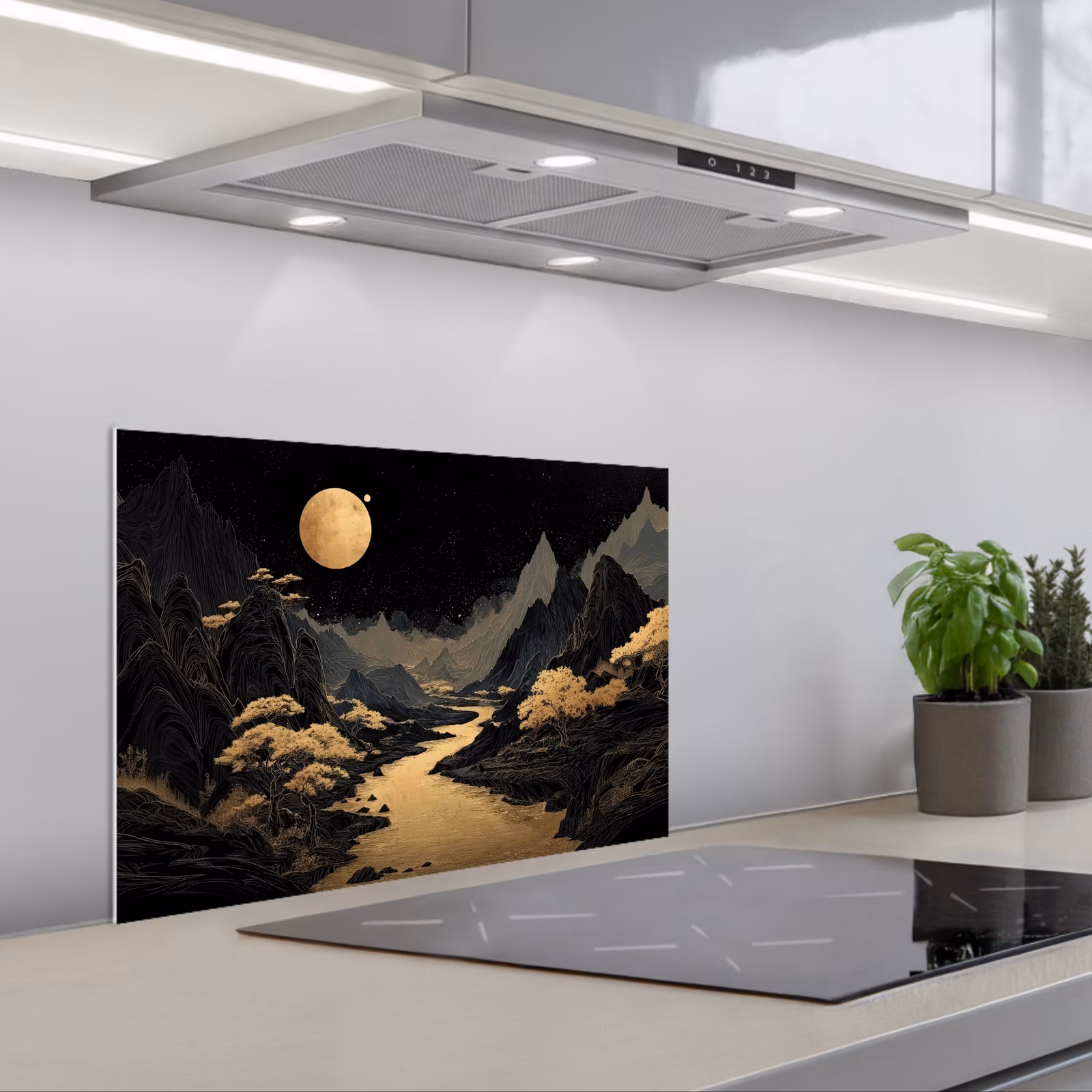 Kitchen splashback for hob - Golden river - Mountains - Moon - Starry sky — 1