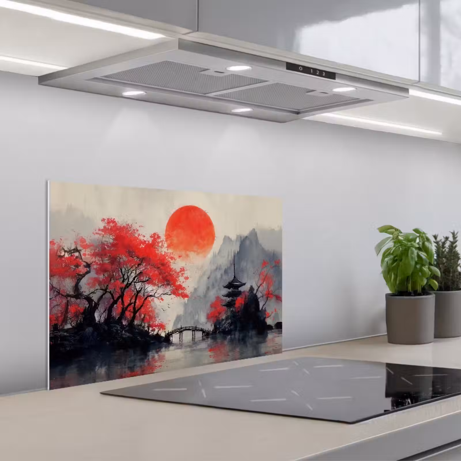 Kitchen splashback for hob - Red sun - River - bridge - Trees — 1