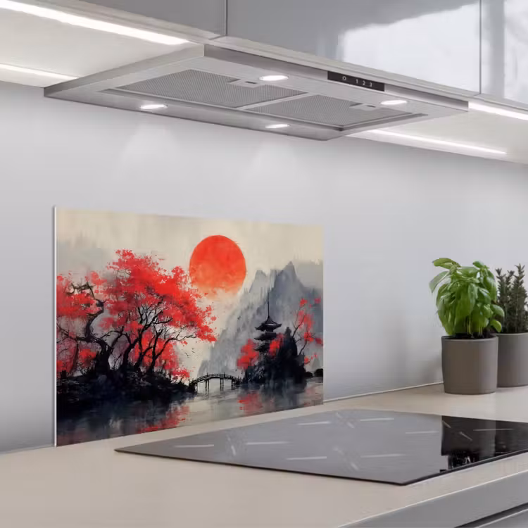 Kitchen splashback for hob - Red sun - River - bridge - Trees — 1