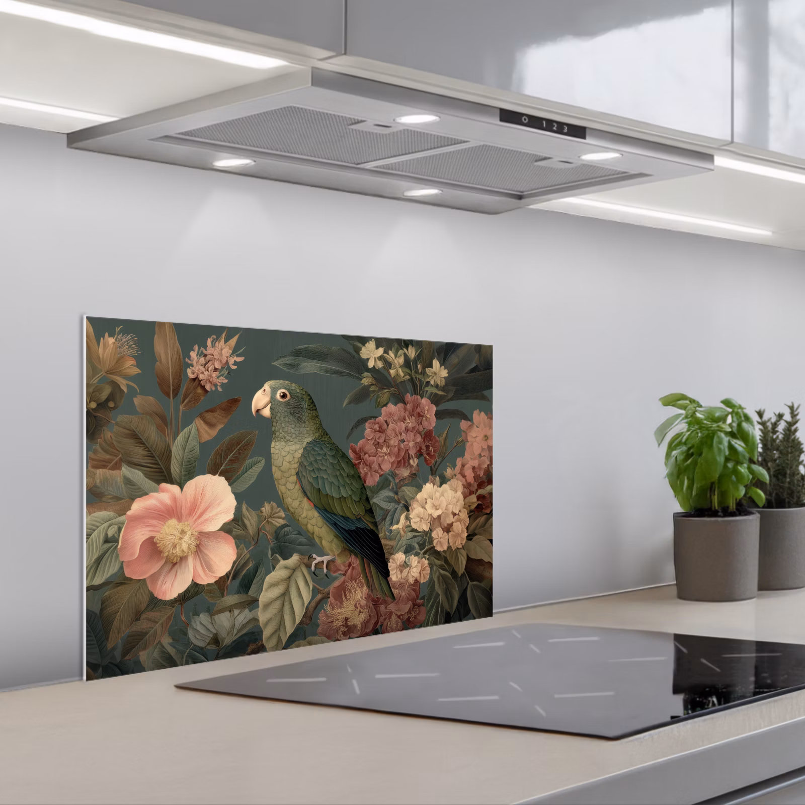 Kitchen splashback for hob - Green parrot - Colorful flowers - Dark background — 1