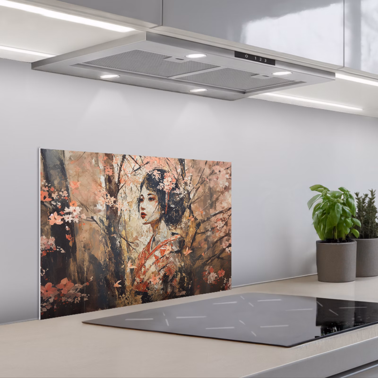 Kitchen splashback for hob - Kimono - Woman - cherry trees — 1