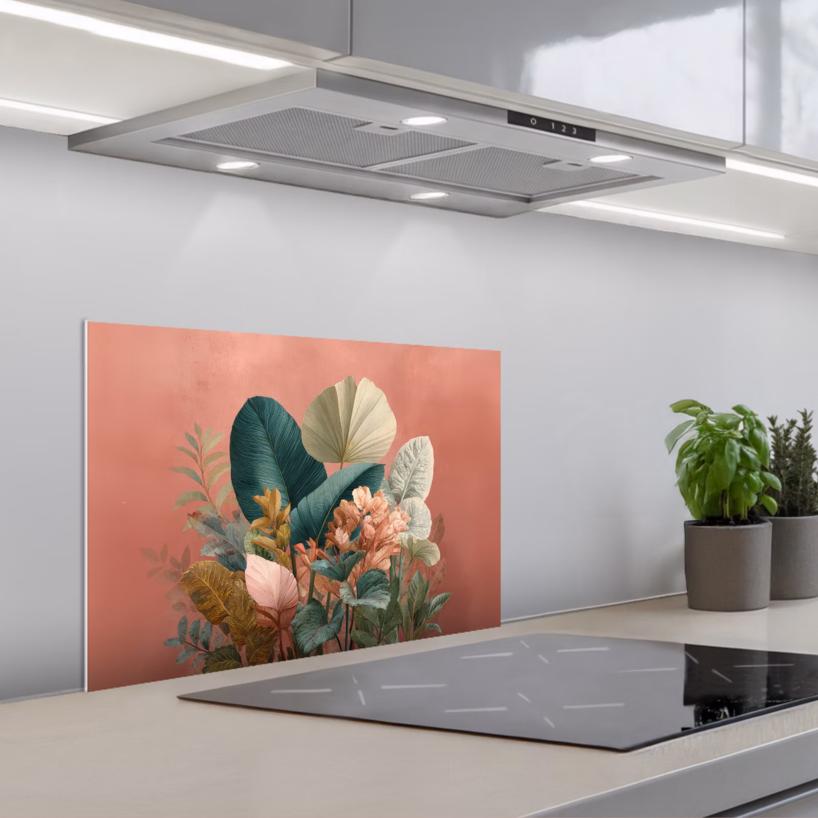 Kitchen splashback for hob - Tropical leaves - Flowers - Pink - green — 1