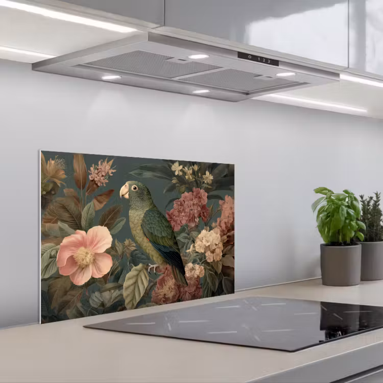 Kitchen splashback for hob - Green parrot - Colorful flowers - Dark background — 1
