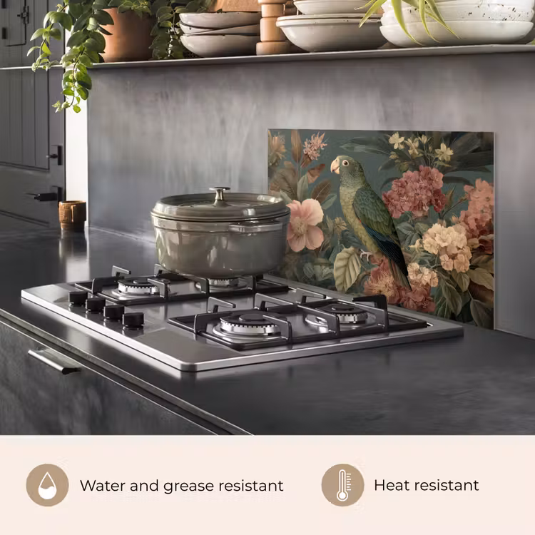 Kitchen splashback for hob - Green parrot - Colorful flowers - Dark background — 2