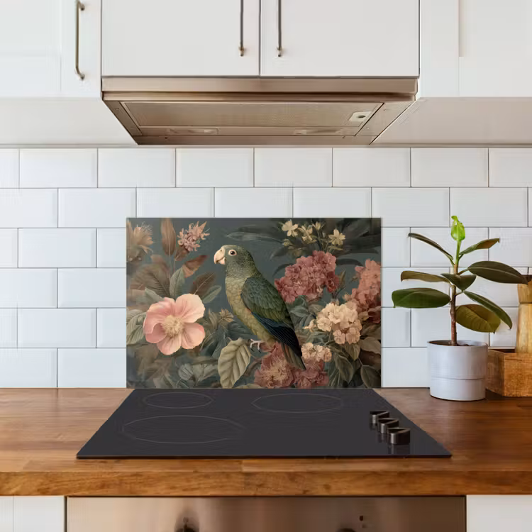 Kitchen splashback for hob - Green parrot - Colorful flowers - Dark background — 3